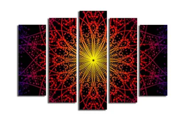 Stort lerretsbilde i 5 deler 105x70 cm - Fargerik mandala med lysstråler - Gul / Rød / Svart - Interiør - Maleri & posters - Lerretsbilder