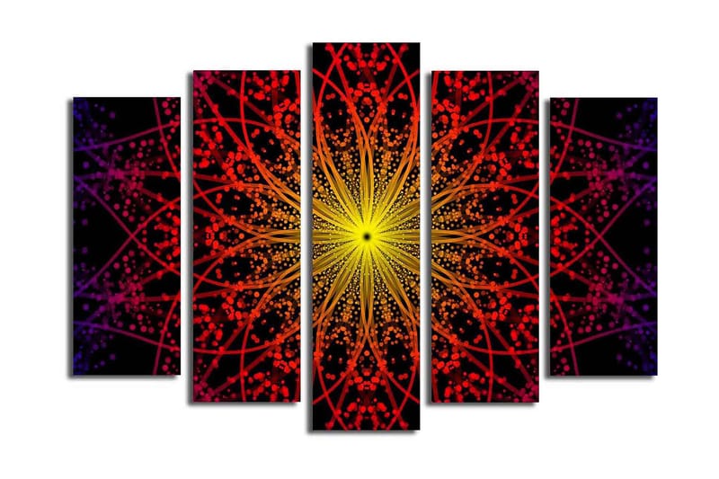 Stort lerretsbilde i 5 deler 105x70 cm - Fargerik mandala med lysstråler - Gul / Rød / Svart - Interiør - Maleri & posters - Lerretsbilder