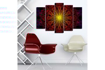 Stort lerretsbilde i 5 deler 105x70 cm - Fargerik mandala med lysstråler - Gul / Rød / Svart - Interiør - Maleri & posters - Lerretsbilder