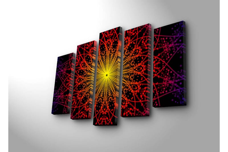 Stort lerretsbilde i 5 deler 105x70 cm - Fargerik mandala med lysstråler - Gul / Rød / Svart - Interiør - Maleri & posters - Lerretsbilder