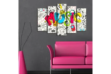 Stort lerretsbilde i 5 deler 105x70 cm - Fargerik musikkkomposisjon med ulike musikkrelaterte elementer - Blå / Rosa / Gul - Interiør - Maleri & posters - Lerretsbilder
