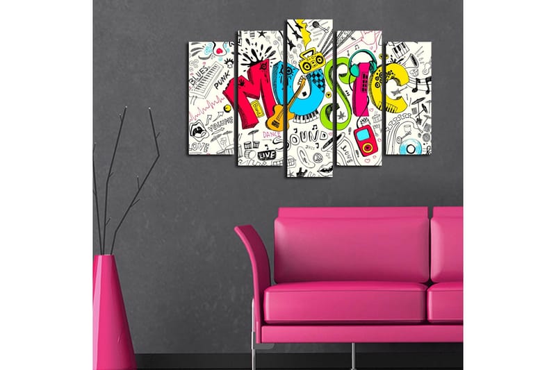 Stort lerretsbilde i 5 deler 105x70 cm - Fargerik musikkkomposisjon med ulike musikkrelaterte elementer - Blå / Rosa / Gul - Interiør - Maleri & posters - Lerretsbilder