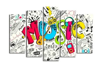 Stort lerretsbilde i 5 deler 105x70 cm - Fargerik musikkkomposisjon med ulike musikkrelaterte elementer - Blå / Rosa / Gul - Interiør - Maleri & posters - Lerretsbilder