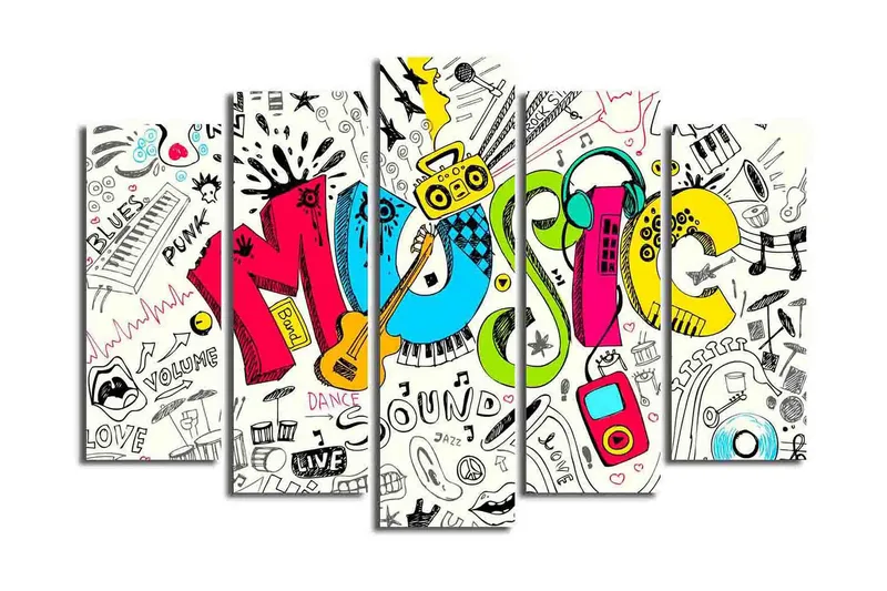 Stort lerretsbilde i 5 deler 105x70 cm - Fargerik musikkkomposisjon med ulike musikkrelaterte elementer - Blå / Rosa / Gul - Interiør - Maleri & posters - Lerretsbilder