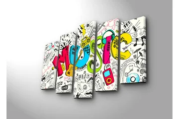 Stort lerretsbilde i 5 deler 105x70 cm - Fargerik musikkkomposisjon med ulike musikkrelaterte elementer - Blå / Rosa / Gul - Interiør - Maleri & posters - Lerretsbilder