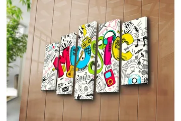 Stort lerretsbilde i 5 deler 105x70 cm - Fargerik musikkkomposisjon med ulike musikkrelaterte elementer - Blå / Rosa / Gul - Interiør - Maleri & posters - Lerretsbilder