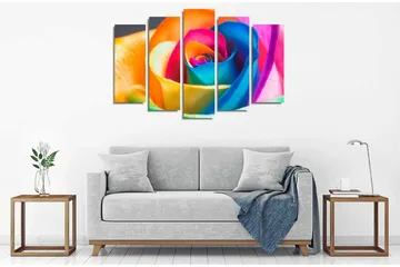 Stort lerretsbilde i 5 deler 105x70 cm - Fargerik rose med intense nyanser - Oransje / Blå / Rosa - Interiør - Maleri & posters - Lerretsbilder
