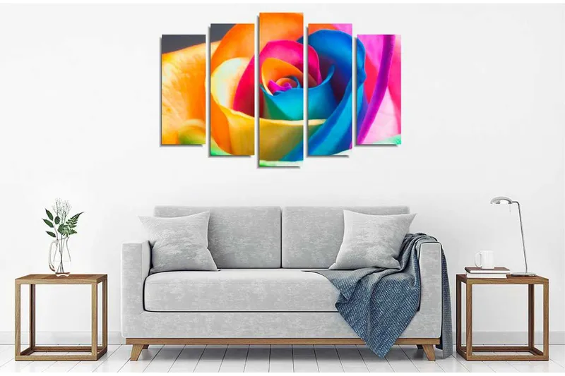 Stort lerretsbilde i 5 deler 105x70 cm - Fargerik rose med intense nyanser - Oransje / Blå / Rosa - Interiør - Maleri & posters - Lerretsbilder