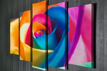 Stort lerretsbilde i 5 deler 105x70 cm - Fargerik rose med intense nyanser - Oransje / Blå / Rosa - Interiør - Maleri & posters - Lerretsbilder