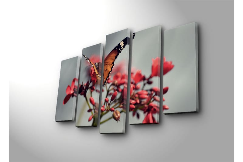 Stort lerretsbilde i 5 deler 105x70 cm - Fargerik sommerfugl på blomster - Oransje / Rød / Grønn - Interiør - Maleri & posters - Lerretsbilder