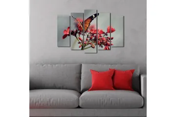 Stort lerretsbilde i 5 deler 105x70 cm - Fargerik sommerfugl på blomster - Oransje / Rød / Grønn - Interiør - Maleri & posters - Lerretsbilder