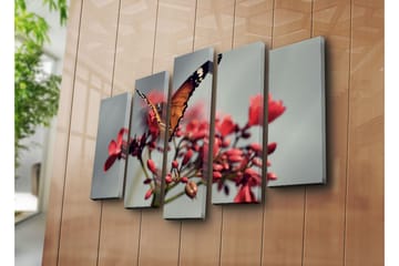 Stort lerretsbilde i 5 deler 105x70 cm - Fargerik sommerfugl på blomster - Oransje / Rød / Grønn - Interiør - Maleri & posters - Lerretsbilder