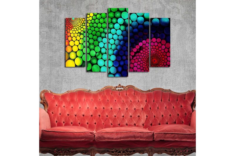 Stort lerretsbilde i 5 deler 105x70 cm - Fargerik spiral av sirkler i forskjellige størrelser - Grønn / Blå / Rosa - Interiør - Maleri & posters - Lerretsbilder