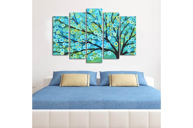 Stort lerretsbilde i 5 deler 105x70 cm - Fargerik trekrone med sirkulære blader - Blå / Grønn / Gul - Interiør - Maleri & posters - Lerretsbilder