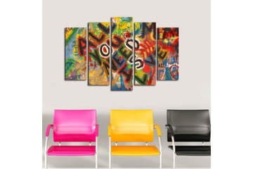Stort lerretsbilde i 5 deler 105x70 cm - Fargerik veggmaleri med budskapet ALL YOU NEED IS LOVE - Rød / Grønn / Gul - Interiør - Maleri & posters - Lerretsbilder