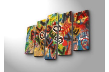 Stort lerretsbilde i 5 deler 105x70 cm - Fargerik veggmaleri med budskapet ALL YOU NEED IS LOVE - Rød / Grønn / Gul - Interiør - Maleri & posters - Lerretsbilder