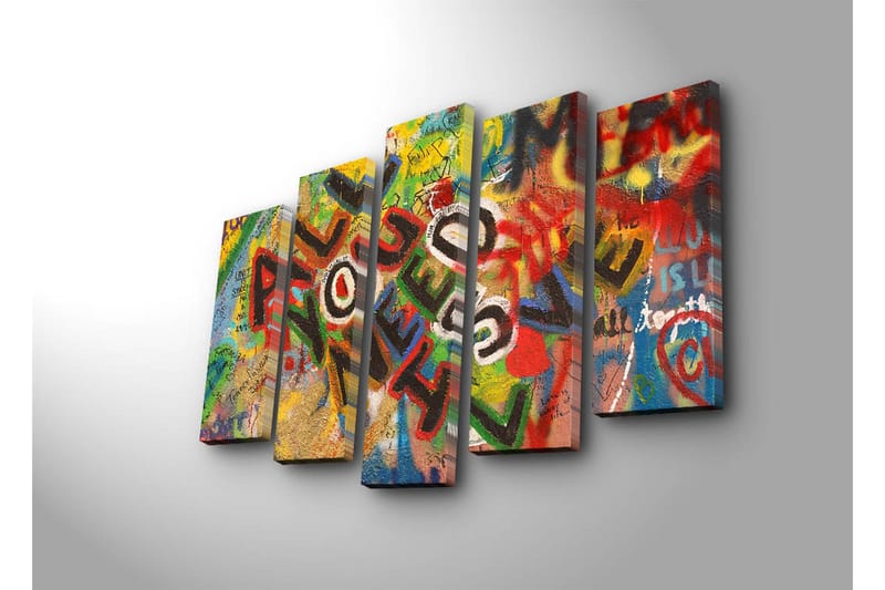Stort lerretsbilde i 5 deler 105x70 cm - Fargerik veggmaleri med budskapet ALL YOU NEED IS LOVE - Rød / Grønn / Gul - Interiør - Maleri & posters - Lerretsbilder