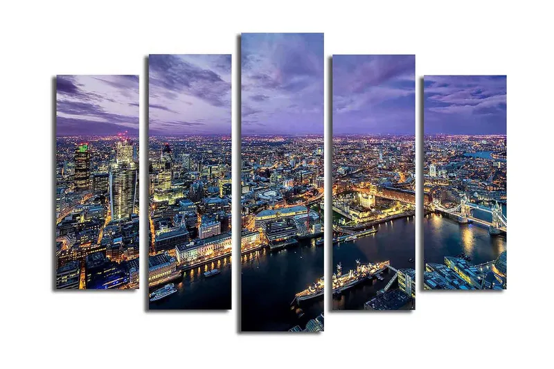 Stort lerretsbilde i 5 deler 105x70 cm - Fargerik panoramautsikt over en by i skumringen - Lilla / Blå / Gull - Interiør - Maleri & posters - Lerretsbilder