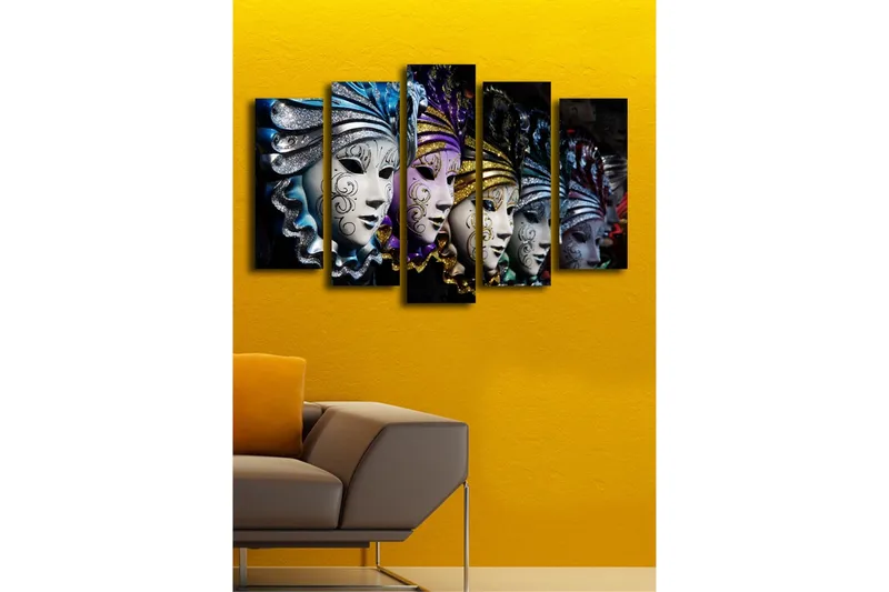 Stort lerretsbilde i 5 deler 105x70 cm - Fargerike masker med intrikate mønstre - Blå / Lilla / Sølv - Interiør - Maleri & posters - Lerretsbilder