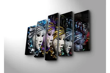 Stort lerretsbilde i 5 deler 105x70 cm - Fargerike masker med intrikate mønstre - Blå / Lilla / Sølv - Interiør - Maleri & posters - Lerretsbilder