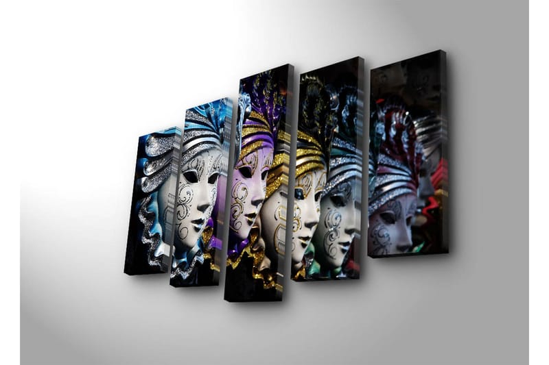 Stort lerretsbilde i 5 deler 105x70 cm - Fargerike masker med intrikate mønstre - Blå / Lilla / Sølv - Interiør - Maleri & posters - Lerretsbilder