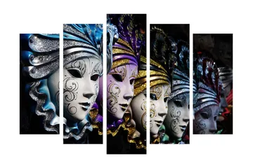 Stort lerretsbilde i 5 deler 105x70 cm - Fargerike masker med intrikate mønstre - Blå / Lilla / Sølv - Interiør - Maleri & posters - Lerretsbilder