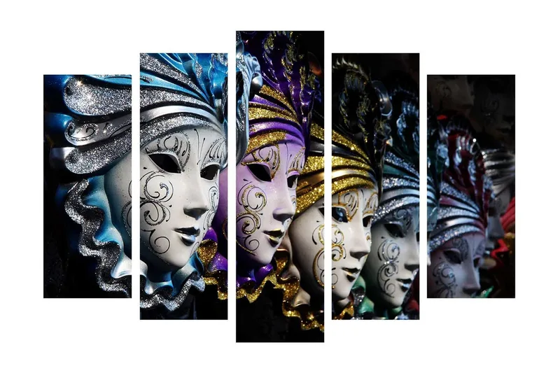 Stort lerretsbilde i 5 deler 105x70 cm - Fargerike masker med intrikate mønstre - Blå / Lilla / Sølv - Interiør - Maleri & posters - Lerretsbilder