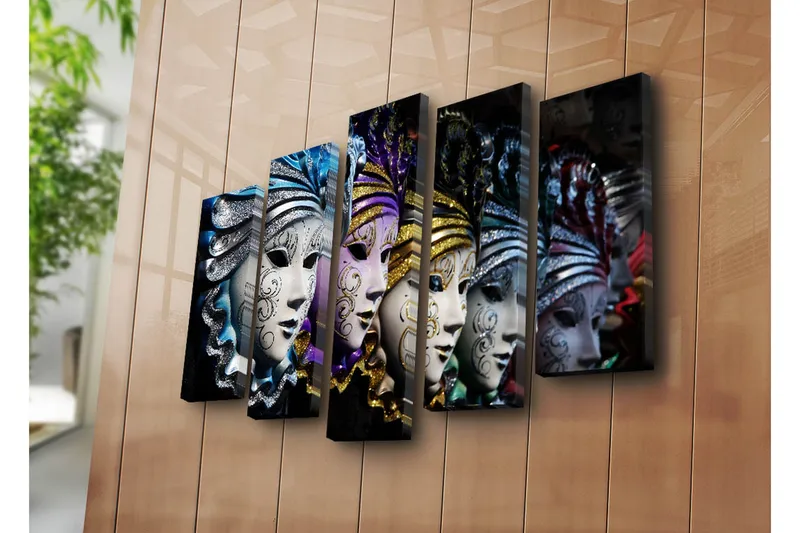Stort lerretsbilde i 5 deler 105x70 cm - Fargerike masker med intrikate mønstre - Blå / Lilla / Sølv - Interiør - Maleri & posters - Lerretsbilder