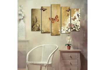Stort lerretsbilde i 5 deler 105x70 cm - Fargerike sommerfugler i en elegant komposisjon - Beige / Brun / Lys grønn - Interiør - Maleri & posters - Lerretsbilder