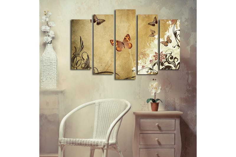 Stort lerretsbilde i 5 deler 105x70 cm - Fargerike sommerfugler i en elegant komposisjon - Beige / Brun / Lys grønn - Interiør - Maleri & posters - Lerretsbilder