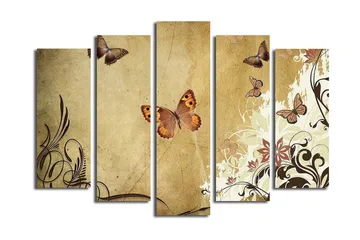 Stort lerretsbilde i 5 deler 105x70 cm - Fargerike sommerfugler i en elegant komposisjon - Beige / Brun / Lys grønn - Interiør - Maleri & posters - Lerretsbilder