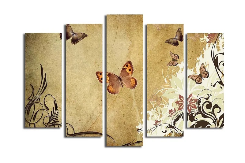 Stort lerretsbilde i 5 deler 105x70 cm - Fargerike sommerfugler i en elegant komposisjon - Beige / Brun / Lys grønn - Interiør - Maleri & posters - Lerretsbilder