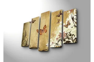 Stort lerretsbilde i 5 deler 105x70 cm - Fargerike sommerfugler i en elegant komposisjon - Beige / Brun / Lys grønn - Interiør - Maleri & posters - Lerretsbilder