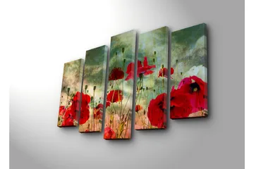 Stort lerretsbilde i 5 deler 105x70 cm - Fargerikt valmuefelt i blomst - Rød / Grønn / Beige - Interiør - Maleri & posters - Lerretsbilder