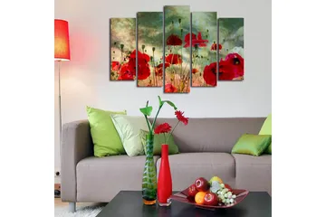 Stort lerretsbilde i 5 deler 105x70 cm - Fargerikt valmuefelt i blomst - Rød / Grønn / Beige - Interiør - Maleri & posters - Lerretsbilder