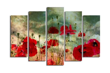 Stort lerretsbilde i 5 deler 105x70 cm - Fargerikt valmuefelt i blomst - Rød / Grønn / Beige - Interiør - Maleri & posters - Lerretsbilder