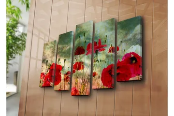 Stort lerretsbilde i 5 deler 105x70 cm - Fargerikt valmuefelt i blomst - Rød / Grønn / Beige - Interiør - Maleri & posters - Lerretsbilder