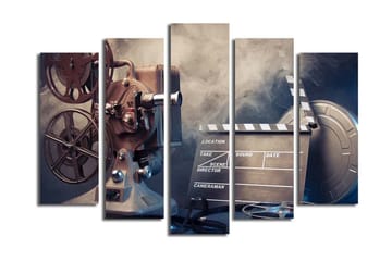 Stort lerretsbilde i 5 deler 105x70 cm - Filmkamera med filmruller og klapper i et nostalgisk miljø - Grå / Svart / Sølv - Interiør - Maleri & posters - Lerretsbilder