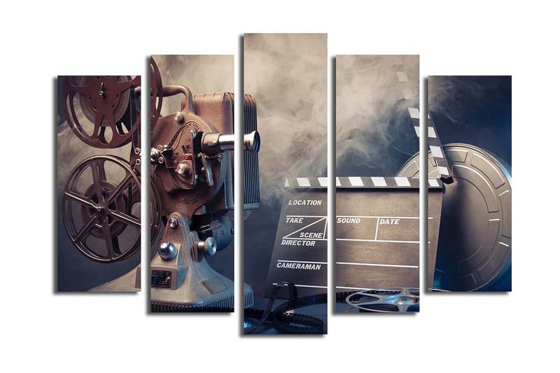 Stort lerretsbilde i 5 deler 105x70 cm - Filmkamera med filmruller og klapper i et nostalgisk miljø - Grå / Svart / Sølv - Interiør - Maleri & posters - Lerretsbilder