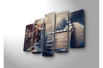 Stort lerretsbilde i 5 deler 105x70 cm - Filmkamera med filmruller og klapper i et nostalgisk miljø - Grå / Svart / Sølv - Interiør - Maleri & posters - Lerretsbilder