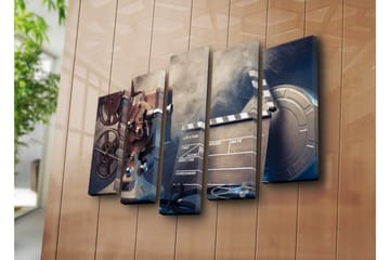 Stort lerretsbilde i 5 deler 105x70 cm - Filmkamera med filmruller og klapper i et nostalgisk miljø - Grå / Svart / Sølv - Interiør - Maleri & posters - Lerretsbilder