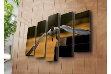 Stort lerretsbilde i 5 deler 105x70 cm - Flygende måke i en gyllen skumring - Hvit / Svart / Gyllen - Interiør - Maleri & posters - Lerretsbilder