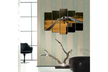 Stort lerretsbilde i 5 deler 105x70 cm - Flygende måke i en gyllen skumring - Hvit / Svart / Gyllen - Interiør - Maleri & posters - Lerretsbilder