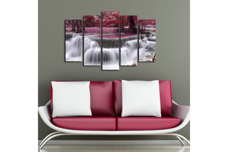 Stort lerretsbilde i 5 deler 105x70 cm - Foss omgitt av lilla og røde trær - Lilla / Rød / Hvit - Interiør - Maleri & posters - Lerretsbilder