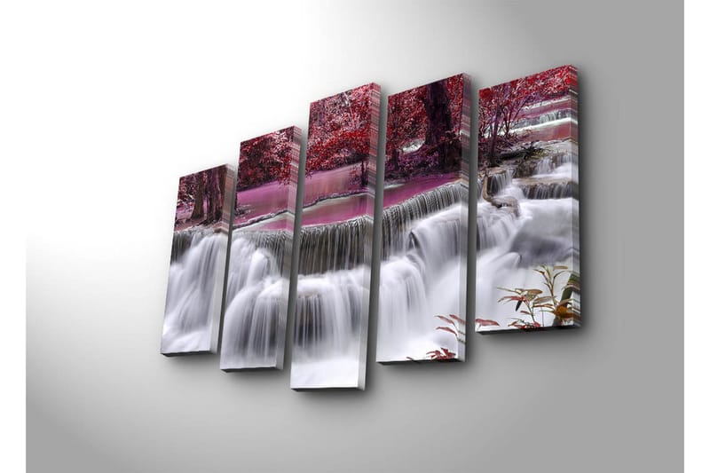 Stort lerretsbilde i 5 deler 105x70 cm - Foss omgitt av lilla og røde trær - Lilla / Rød / Hvit - Interiør - Maleri & posters - Lerretsbilder