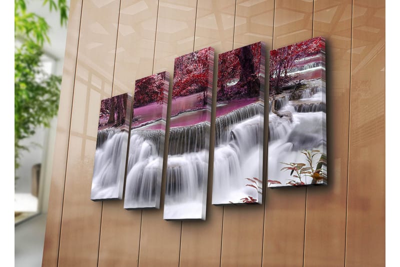 Stort lerretsbilde i 5 deler 105x70 cm - Foss omgitt av lilla og røde trær - Lilla / Rød / Hvit - Interiør - Maleri & posters - Lerretsbilder