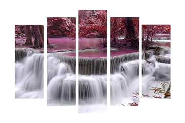 Stort lerretsbilde i 5 deler 105x70 cm - Foss omgitt av lilla og røde trær - Lilla / Rød / Hvit - Interiør - Maleri & posters - Lerretsbilder