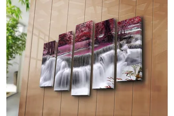 Stort lerretsbilde i 5 deler 105x70 cm - Foss omgitt av lilla og røde trær - Lilla / Rød / Hvit - Interiør - Maleri & posters - Lerretsbilder