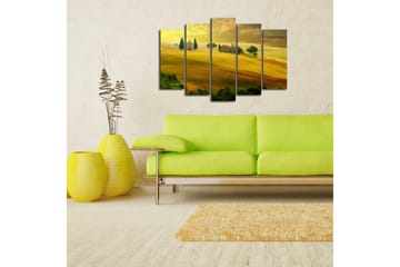 Stort lerretsbilde i 5 deler 105x70 cm - Frodig landskap med bølgende jorder og en liten kirke - Gyllengul / Grønn / Brun - Interiør - Maleri & posters - Lerretsbilder