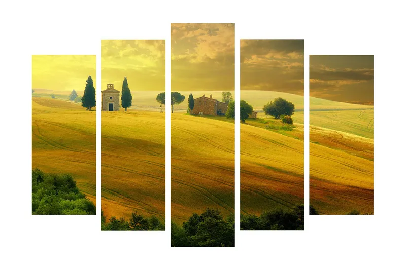 Stort lerretsbilde i 5 deler 105x70 cm - Frodig landskap med bølgende jorder og en liten kirke - Gyllengul / Grønn / Brun - Interiør - Maleri & posters - Lerretsbilder